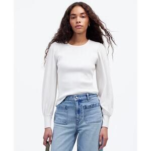 Madewell Ribbed Puff-Sleeve Top Sz S White Long Sleeve Slim Fit Pullover Cotton